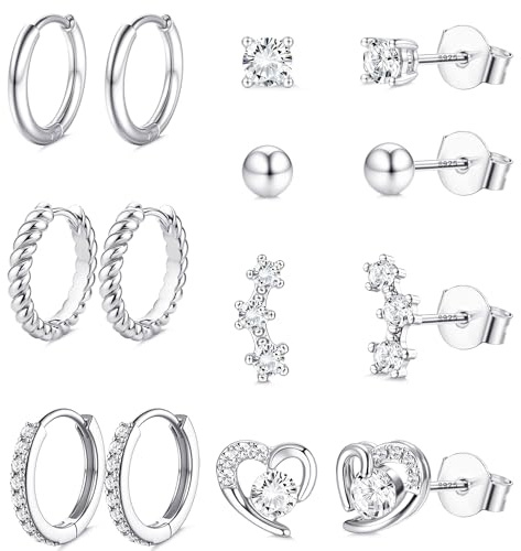FIOROYAL 7 Par Örhängen Kvinnor Silver-Nål Silver Örhänge S925 Zirkon Blomma Hjärta Örhängen Set För Kvinnor Flickor Allergiska Örhängen Silver Cirkel Smycken Gåvor för Barn Flickor, 10 millimetri