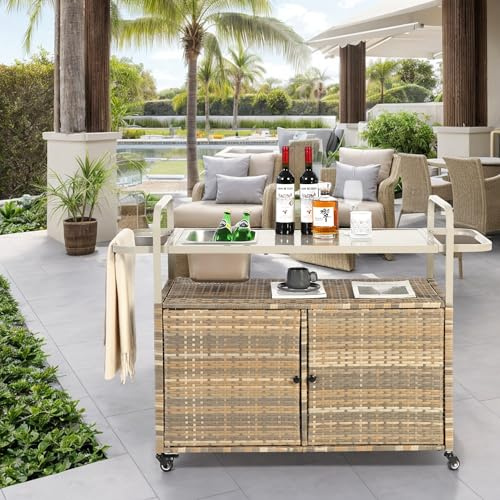 Generisch Mesa de bar para exteriores, carrito de mimbre con gabinete, carrito de servicio de patio con tapa de acero, con un cubo de hielo, ruedas bloqueables, cesta lateral para jardín, piscina y
