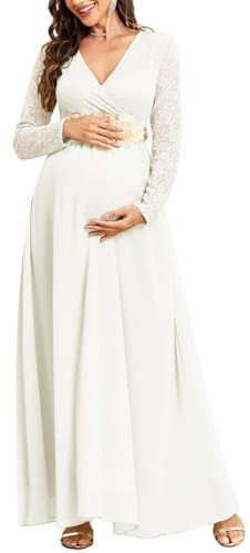 CYCLAMEN Maternity Dress Flowy A-Line Wrap Gown with Floral Lace and Contrast Chiffon Long Sleeve V Neck for Baby Shower, White, L