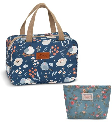 Lot de 2 Trousse de Toilette Voyage avec Fermeture éclair Motifs Floraux Pochette Tissu Portable Trousse Maquillageavec Poignée Accessoires de Voyage pour Femme Homme Bebe Bleu