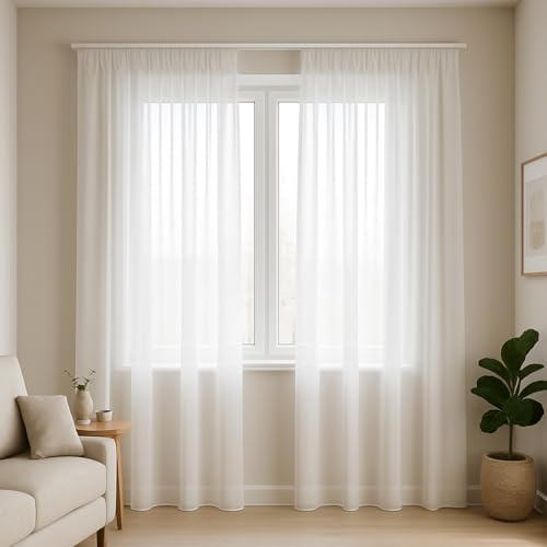 BN Gardinen Gardine nach Maß mit Kräuselband in Weiß - Uni Voile Stoff - lichtdurchlässig und halbtransparent, Pflegeleicht und Oeko-Tex 100 Zertifiziert, Maßanfertigung Deutschland
