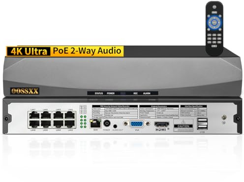 OOSSXX videoregistratore di rete di POE NVR di sicurezza di 8.0/4K Megapixel, nessun HDD | Supporta telecamere IP fino a 8 MP/4K, disco rigido da massimo a 8 TB, accesso remoto app gratuito, senza canone mensile