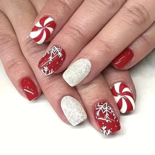 Xonojun Faux Ongles Noël Festifs, Court Carré Rouge et Blanc Pailletés, Faux Ongs Autocollants Motifs Bonbons, Faux Ongles Enfant Femme