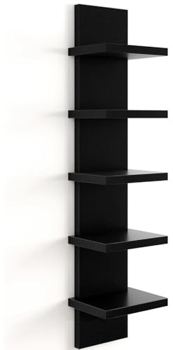 Laneryin Wall Shelf Bookcase Wooden 5 Tier Vertical Floating Shelves Unit | Black, Space Saving, Compact Vertical, Wall mount storage, For Bedroom, Living Room, Bathroom, Kitchen, Office
