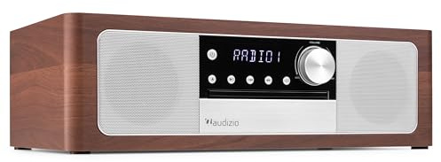 Audizio Lunata – Radio Dab+ y FM con Reproductor de CD, Bluetooth 5.3 y Potencia de 100W, Sistema Multimedia con HDMI ARC, USB y Altavoces estéreo, Acabado en Madera Oscura con Frontal Plateado