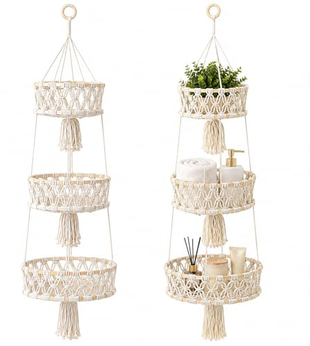 Mocifa 2 Pièces Panier à Fruits Suspendu 3 Niveaux, Ø 20/25/30 cm, Beige | Corbeille à Fruits Suspendue en Corde de Coton, pour Cuisine, Salon, Salle de Bain, Chambre à Coucher, 110 cm