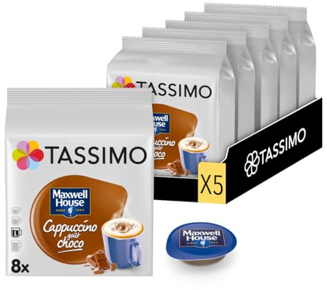 Tassimo, 40 Dosettes Cappuccino goût Choco Maxwell House, Généreux&Gourmand | Compatibles avec les machines TASSIMO, 40 Cappuccino goût choco, 5 packs de 8 dosettes