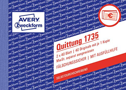 AVERY Zweckform 1735 Quittungsblock (A6 quer, 2x40 Blatt, selbstdurchschreibend, fälschungssicherer Dokumentendruck, für Beträge über 250€ mit separater MwSt., für DE/AT) weiß/gelb