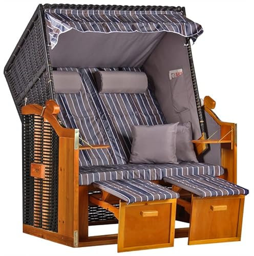 MR. DEKO® Strandkorb Ostsee Volllieger 2-Sitzer | PE Geflecht Schwarz Bezug Uni grau | inkl. 4 Kissen & Klapptisch | Strandstuhl verstellbar | Strandkörbe Hartholz Fußablage (Dessin Anthrazit Braun)