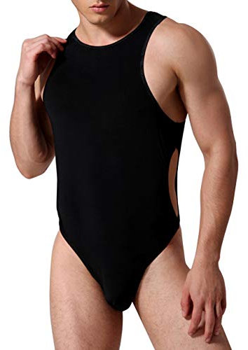 AIEOE Herren Body Atmungsaktives Unterhemd Bodysuit Seite mit Ausschnitte Overall Unterwäsche - Schwarz