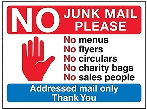 V Safety DP056AL-S Schild mit Aufschrift Stop Hand: No Junk Mail Please, Thank You 150 mm x 100 mm, selbstklebendes Vinyl, rot, 150mm x 100mm