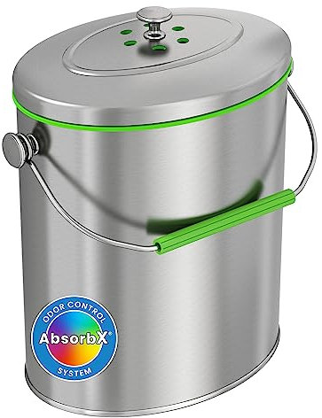 iTouchless Cubo de compostaje de acero inoxidable de 6L Incluye sistema de filtro de olores AbsorbX, cubo de basura de encimera de cocina de forma ovalada delgada y eficiente en el espacio de titanio