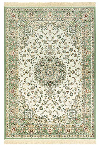 Nouristan Naveh Orient Teppich – Wohnzimmerteppich Orientalisch Kurzflor mit Fransen Vintage Orientalischer Samt-Teppich für Esszimmer, Wohnzimmer, Schlafzimmer – Ivory Grün, 95x140cm