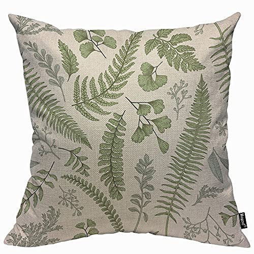 Mugod Floral Pattern in Vintage Style Cushion Cover Throw Pillow Covers Leaves and Herbs Botanical Illustration Boxwood Pillow Case for Men Women Decorative Home Sofa Chair Couch 45x45cm/18x18 Inch
