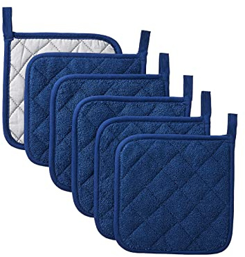 Kitchen Pot Holders Set Heat Resistant Pure Cotton Potholders Kit Trivets Large Coasters Hot Pads Terry Pot Holders for Everyday Cooking and Baking by 7 x 7 Inch Set of 6 Dark Blue