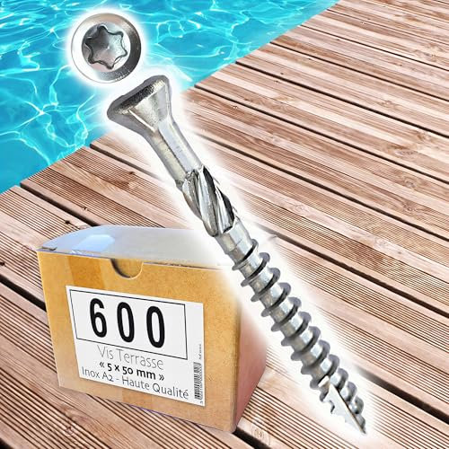 Lot de 600 vis terrasse en INOX A2 à tête fraisée réduite - Empreinte Torx 25 - Diamètre 5 mm - Longueur 50 mm
