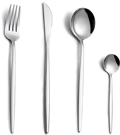 Couverts de table pour 6 personnes, Pleafind 24 pièces couverts en argent, set couverts de table, couverts inox avec couteau, fourchette, cuillère, passe au lave-vaisselle et poli miroir