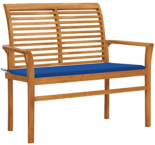 Gecheer Gartenbank mit Königsblauer Auflage Parkbank Sitzbank Massivholzbank Terrassenbank Holzbank Balkonbank Gartenmöbel Bank für Balkon, Terrasse & Garten, 112 cm Massivholz Teak