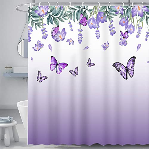 Avezano Butterfly Shower Curtain Purple Flower Butterfly in Spring Waterproof Bathroom Curtains Home Bath Decor with 12 Hooks 72 X 72 Inches