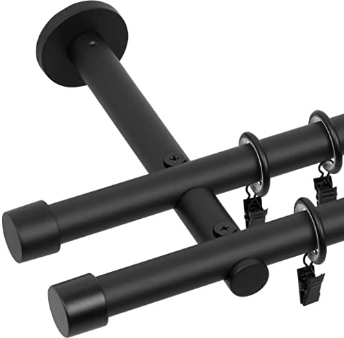 RENA Gardinenstange 2-läufig 200 cm - Loft Modern - 19 mm Metall Vorhangstange für stilvolle Wohnräume - Komplettset mit lautlosen Rollen - Schwarz Matt Luna