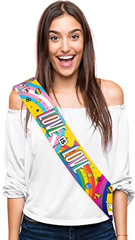 OH Yeah - Banda LGTBIQ+ Love IS Love - 150 x 10 cm - Accesorio Fiesta Pride - Banda Orgullo Gay - Reutilizable - Banda Fiesta del Orgullo - Papel PLASTIFICADO IRROMPIBLE