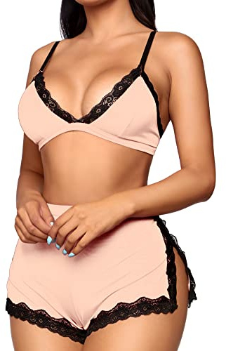 RSLOVE Dampyjamas sexiga sidenpyjamas set topp och shorts för pyjamas och nattkläder, Ljusrosa, XL