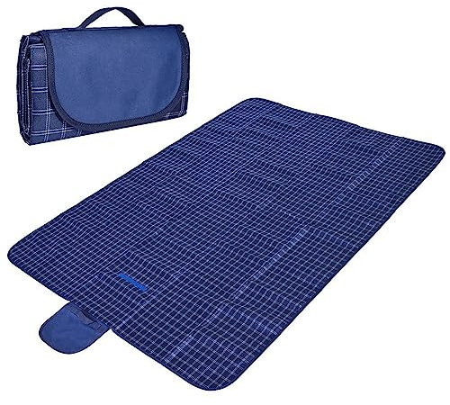 Picknickdecke 200x300cm,XXL Picknickdecke mit Wasserdichter Unterseite,Outdoor Stranddecke Sandfrei,mit Tragegriff Faltbare Picnic Blanket für Camping,Strand,Park,Familie,Konzerte Dunkelblau kariert