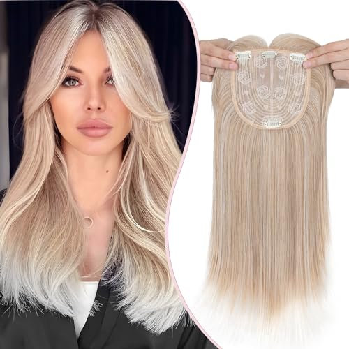 S-noilite Hair Topper Capelli Clip Extension 15 * 15cm Toppers Sintetici per Capelli Sottili Hair Toupet Donna Frontale Extension Lisci Posticci Fringe Toupee,45cm Biondo misto a radice bianca