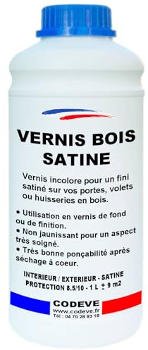 Vernis Satine Bois - Codeve Bois - 1L - Intérieur/extérieur - Pour Un Aspect De Finition Satiné Sur Un Bardage, Fenêtre Ou Volet Bois.