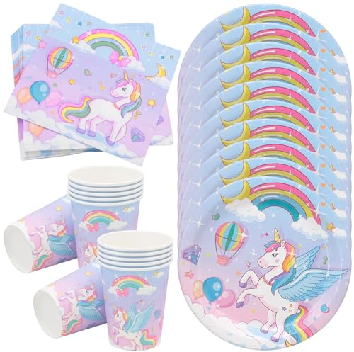 FORYNXHWIN 40 Stycken Enhörning Festservis, Papperstallrikar, Porslin, Festtillbehör Dekoration för Barn Födelsedagar, Baby Shower, Bröllop, Påsk