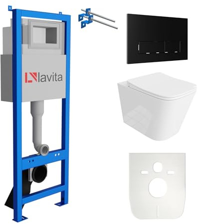 Lavita LAV 101 Vorwandelement für WC 40cm + Wand Hänge Tiefspül WC MAIO Weiß Spülrandlos + Bedienplatte LAV 200.3.4 Schwarz Toilette Komplett Sett WC Komplettset Unterputz Spülkasten WC