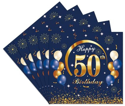 Geburtstagsparty-Servietten, Blau / Gold, 40 Stück, 50. Geburtstag, Servietten aus Papier, Partyzubehör, Papierservietten