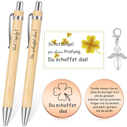 Tenare 6-Teiliges Mutmacher Geschenk Set, Holzfarbe, Viel Erfolg | Du Schaffst Das Geschenke,Glücksbringer Prüfung Abi, Motivation Kugelschreiber, Schutzengel Anhänger, Kleeblatt Glücksmünze