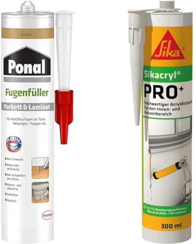 Ponal Parkett & Laminat Fugenfüller Eiche, elastische Fugenmasse & Sikacryl – Acryldichtstoff – Sikacryl PRO+ Weiß – 12,5% Bewegungsaufnahme
