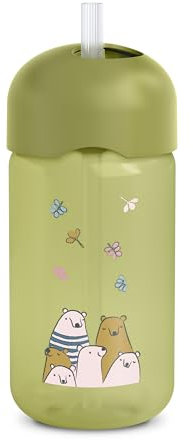 Suavinex, Tazza didattica per bambini con cannuccia in silicone morbida e flessibile, antigoccia e antimacchia, lavabile in lavastoviglie, con tappo, 340 ml, bimbi +18 mesi, My Family Verde