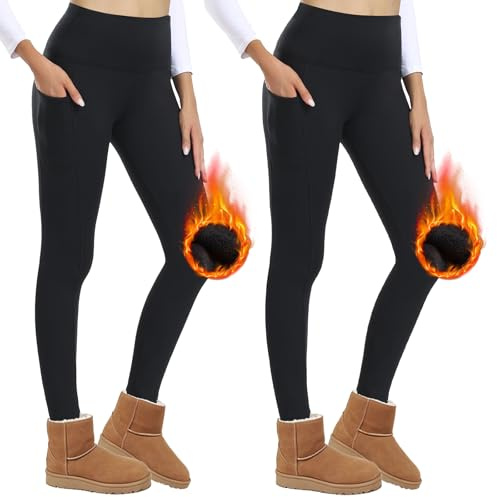 AMIYOYO Thermo Leggings Damen Winter High Waist mit Taschen (2er Pack) | Gefüttert mit weichem Fleece,Warme Thermohose,Blickdicht,Komfort-Stretch,Ideal für Laufen, Yoga & Alltag