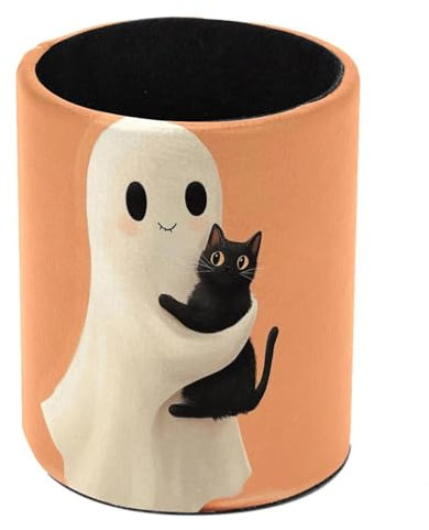 Halloween Lovely Ghost Cat Standing Pencil Case, Cute Round Pen Holder Pouch Pencil Bag Makeup Brush Boxes for School Students Office Women Teens Girls Boys