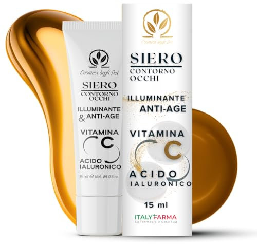 Siero Contorno Occhi con Vitamina C e Acido Ialuronico – Anti-age, Rimpolpante, Riduce Occhiaie Scure e Borse, per una Pelle Luminosa e Idratata – 15ml Made in Italy by Cosmesi degli Dei