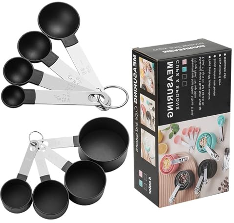 8 Pcs Measuring Cups and Spoons Set, Stackable Stainless Steel Handle Accurate Tablespoon for Measuring Dry and Liquid Ingredients Small Teaspoon with Plastic Head (Black)