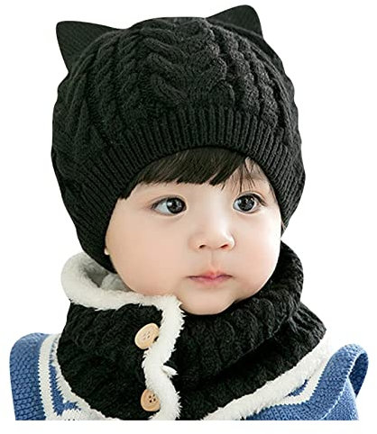 Kleinkind Baby Wintermütze Kleinkind Katze Mütze mit Schal Fleece gefütterte Strickmütze Nackenwärmer für Kinder 2 Stück Baby Cap (Black, One Size)
