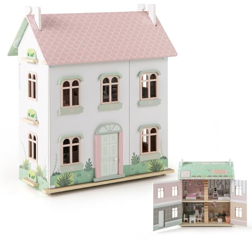 COSTWAY Casa de Muñecas de Madera para Niños, 3 Niveles con Techos Doble Cara y Puertas Abatibles, Casa de Sueños de Juego con Muebles y Accesorios para Niños de 3+ Años