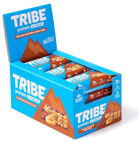 TRIBE Protein + Focus Flapjack Bar - Peanut Butter Choc Chip - High Protein Snack - 9 Energy & Focus Nutrients - 10g Protein, Lions Mane, Plant Based, Vegan Snack & Gluten Free (60g x 12 Bars)