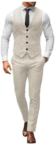 Ensemble 2 pièces gilet et pantalon en lin pour homme, coupe ajustée, simple boutonnage, style décontracté, gilets légers, beige, XL