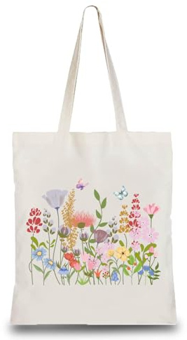 CREATCABIN Sac Fourre Tout Toile Fleurs Sacs D'Épicerie Tissu avec Poignées Réutilisable Motif Floral Coloré Papillon Pochette Fourre Tout Coton Léger Esthétique pour Courses Achats Voyages 34x38cm