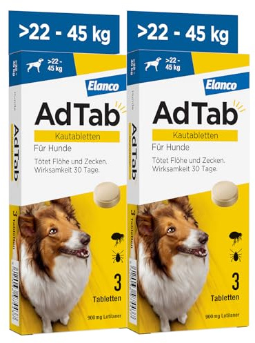 AdTab Hund 22-45 kg - Kautablette gegen Zecken & Flöhe, Doppelpack(6 St.) | Kleine Kautablette mit Rindfleischgeschmack. 3 Monate Floh- & Zeckenschutz für deinen Hund, schnelle Wirkung & einfache Gabe.