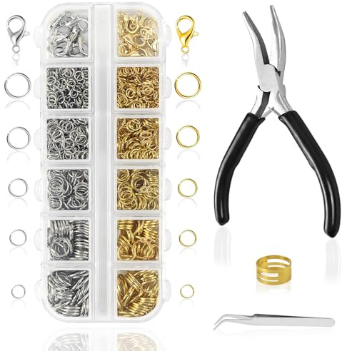 YIMETOP 1200 Stück Biegeringe zur Schmuckherstellung, Biegeringe und Halskettenverschlüsse mit Biegeringzange, Werkzeug für die DIY-Schmuckherstellung und Halskettenreparatur (Gold,Silber)