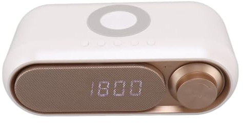 Alarm Clock Radio with Wireless Charging & Bluetooth Speaker, LED Digital Alarm Clock with USB Charging Port, Alarms Clocks FM Radio for Bedroom, Bedside, Desk (White Spray Gold 10W)