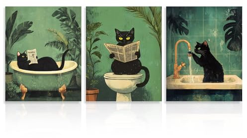 Dazzlewall 3pcs Divertente gatto bagno parete arte immagini, gatto nero vintage lavare le zampe leggendo giornale stampe d'arte per bagno toilette arredamento 20x25 cm senza cornice
