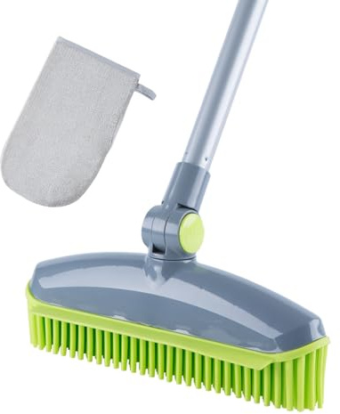 180°Rotating Head Rubber Broom with Squeegee for Pet Hair Removal - 51 Iron Handle Fur Remover Rake Brush for Carpet, Hardwood & Tile Floors, Includes Pet Hair Removal Gloves (Green)