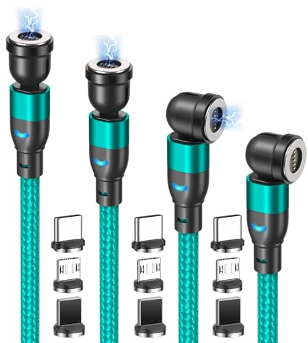 TUNKIA 5Pin Magnet Ladekabel, 3 in 1 Magnetisches Ladekabel 4Stück (0.5m/1m/2m/3m), 360° und 180° Drehba USB 18W Datenübertragungs Magnetisches Kabel für Smartphone (Grün)